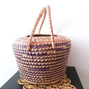 Vintage Handmade Woven Large Basket Pink Purple